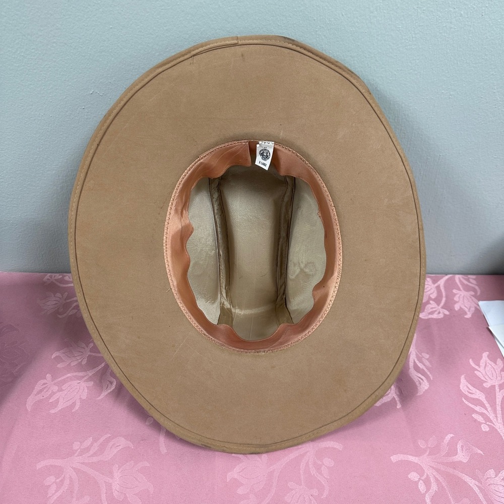Vintage Tan Embroidered Cowboy Hat XL Western Floral Suede Feel Union Made - Picture 8 of 14